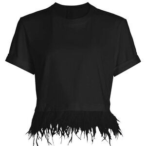 Cinq à Sept Feather-Trim Stretch-Cotton Crop T-Shirt | Size: M